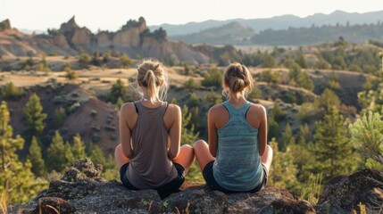 Naklejka na ściany i meble Two Women Sitting on a Rock Overlooking Valley