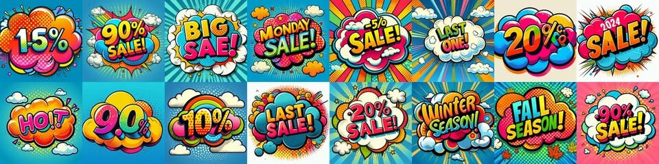 Fototapeta premium Sale stickers pop art style. AI generated illustration