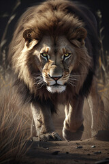 Powerful Lion, king of the jungle, in photorealistic style.