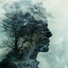Surreal blend of a human profile intertwined with bare tree branches, enveloped in stormy clouds, illustrating an intimate connection between humanity and nature