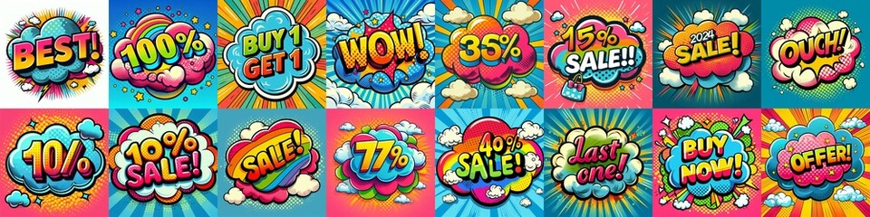 Fototapeta premium Sale stickers pop art style. AI generated illustration