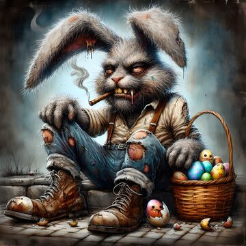 Happy Easter, Bad Easter, bunny had shaggy, dirty fur, his eyes were big and red and he was smoking with an Easter basket he was carrying and cracked eggs with some baby chicks in dirty alley at night