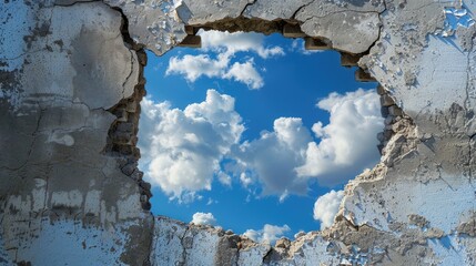 Cracked Concrete Wall with Broken Hole Opening to Sky Background