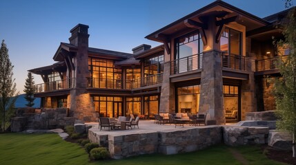 Fototapeta na wymiar Mountain modern masterpiece with heavy timber framing walls of glass and stacked stone fireplaces.