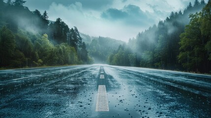 Driving through Danger: Wet Road with Mist Sprays and Cloudy Blue Sky View from Ground - obrazy, fototapety, plakaty