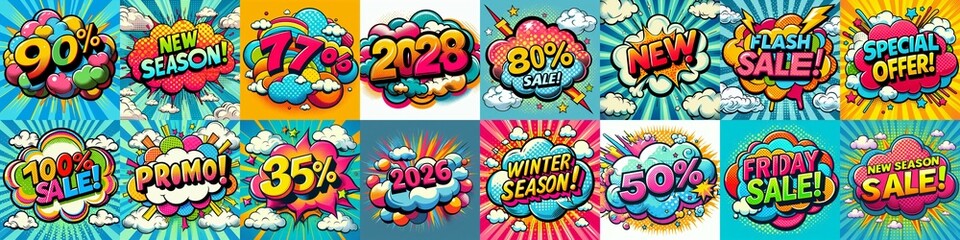 Obraz premium Sale stickers pop art style. AI generated illustration