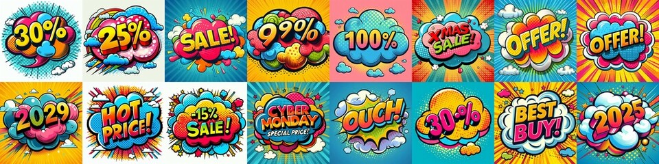 Fototapeta premium Sale stickers pop art style. AI generated illustration