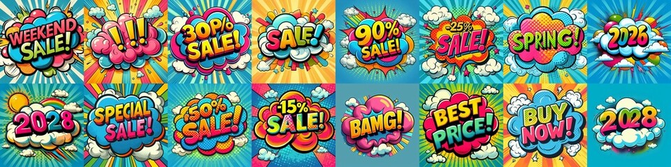 Fototapeta premium Sale stickers pop art style. AI generated illustration