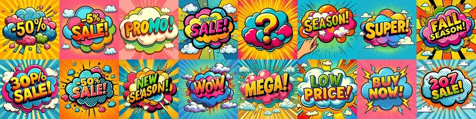 Sale stickers pop art style. AI generated illustration
