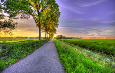 Fototapeta na wymiar A bicycle path in a rural area of The Netherlands at sunset.