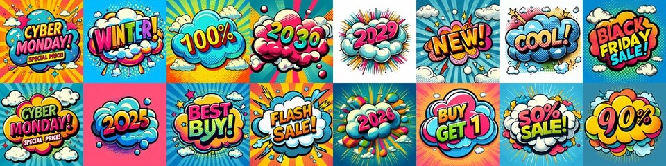 Fototapeta premium Sale stickers pop art style. AI generated illustration