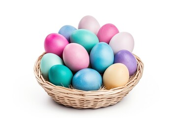 Naklejka na ściany i meble Multi colors Easter eggs in the woven basket isolated on white background with clipping path. Pastel color Easter eggs - generative ai