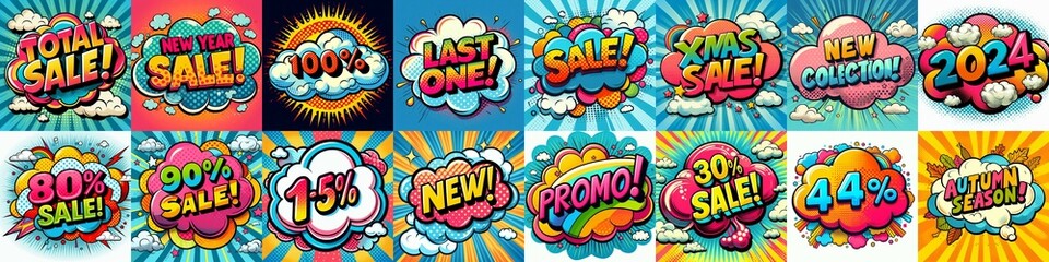 Fototapeta premium Sale stickers pop art style. AI generated illustration
