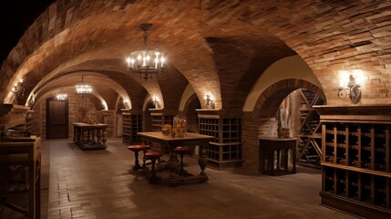 Fototapeta premium Old World estate wine cellar with vaulted brick ceilings stone archways and antique wrought iron entries.