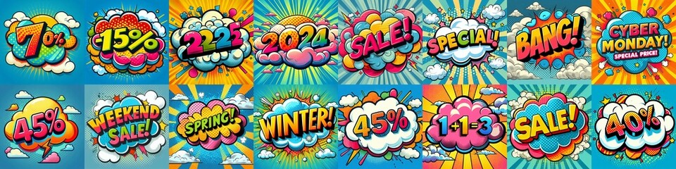 Fototapeta premium Sale stickers pop art style. AI generated illustration