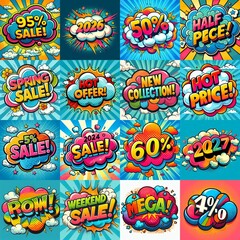 Sale stickers pop art style. AI generated illustration