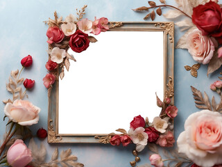 A vintage photo frame decorated with roses, perfect for a sentimental scrapbook or greeting card - obrazy, fototapety, plakaty