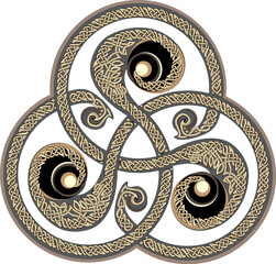 Beautiful ancient triskelion vintage with Celtic knot pattern. Triple trickle Celtic spiral ornament. Old Irish symbol. Ethnic magic sign. Print for logo, icon, coin, tattoo. Flat vector illustration