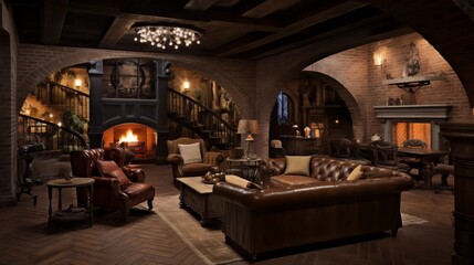 Old World inspired basement speakeasy lounge with brick archways wood beams antique bar and diamond plank wood floors. - obrazy, fototapety, plakaty