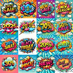 Sale stickers pop art style. AI generated illustration