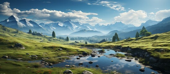 Idyllic landscape with green grass covered morning mountains