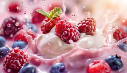 Fresh berries splashing in cream