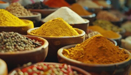 Colorful array of spices presented in traditional bowls at a market