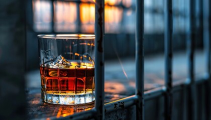 A glass of whiskey sits trapped behind metal bars, symbolizing the prison of alcohol addiction - obrazy, fototapety, plakaty