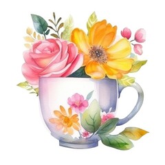 Watercolor illustration of a bouquet of flowers in a mug.