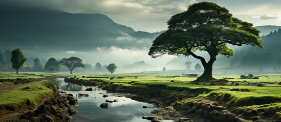 Foto op Canvas One tree surround by Paddy field background © KRIS