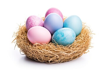 Fototapeta na wymiar Multi colors Easter eggs in the woven basket isolated on white background with clipping path. Pastel color Easter eggs - generative ai