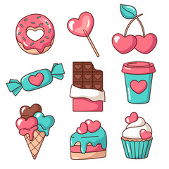 Heart-shaped desserts, sweet fast food with hearts, set of cute illustrations