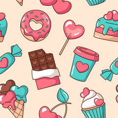Heart-shaped desserts, sweet fast food with hearts seamless pattern, background
