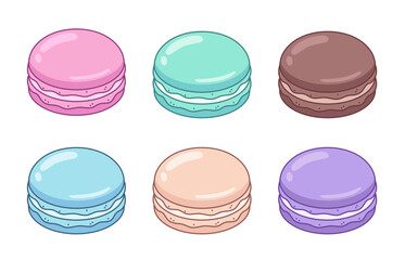 Macarons, set of vector cartoon drawings, illustrations. Hand drawn dessert of various colors