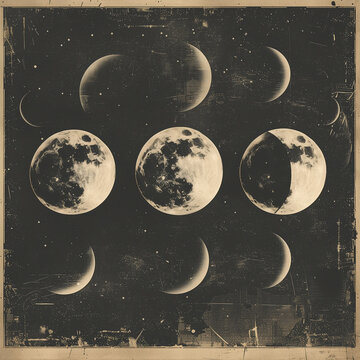 illustration set of moon phases. Different stages of moonlight activity in vintage engraving style. Zodiac Signs. AI generated	