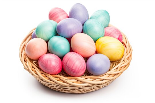 Multi colors Easter eggs in the woven basket isolated on white background with clipping path. Pastel color Easter eggs - generative ai