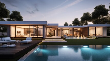 Open concept modern dwelling with 30-foot ceilings sliding glass walls cantilevered roof overhangs and courtyard pool. - obrazy, fototapety, plakaty