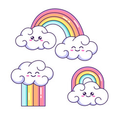 Cute cartoon rainbows with smiling clouds. Children, kids vector illustrations, drawings