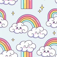 Cute cartoon rainbows with smiling clouds and stars seamless pattern, background. Children, kids vector illustrations, drawings