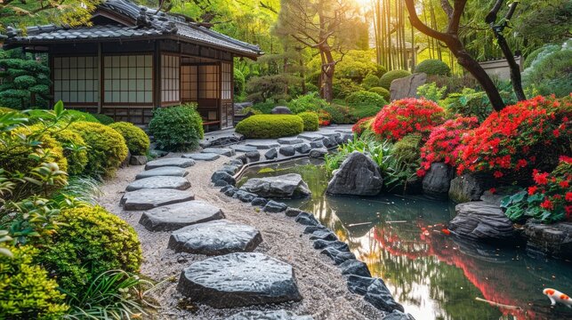 A tranquil image of a traditional Japanese garden, with a stone path leading through meticulously arranged flora