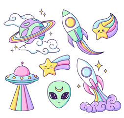 Space objects. Planet, ufo, alien, rocket, rainbow, star cartoon drawings, vector illustrations