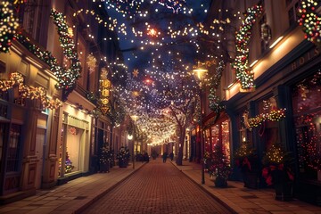 Fototapeta na wymiar Dazzling Christmas Lights: A street adorned with sparkling Christmas lights, creating a festive and magical atmosphere.