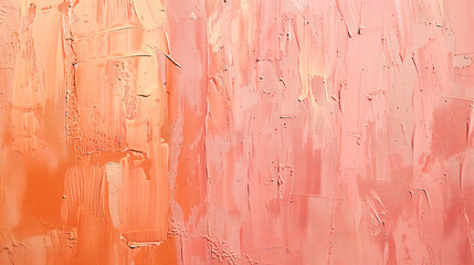 A painting of a wall with orange and pink colors. The wall has a textured surface and he is a part...