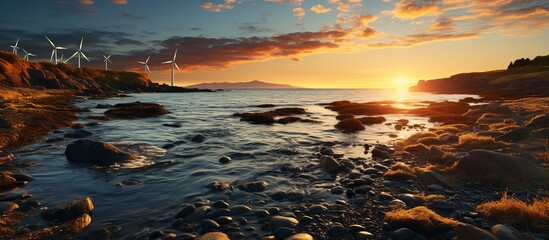 Working offshore wind farm, sunset view