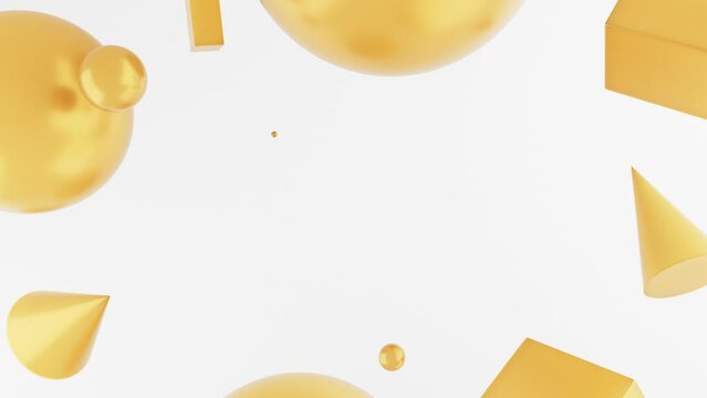 3D render of primitives objects with golden materials on white background, 4K abstract seamless loop animated template, live wallpaper