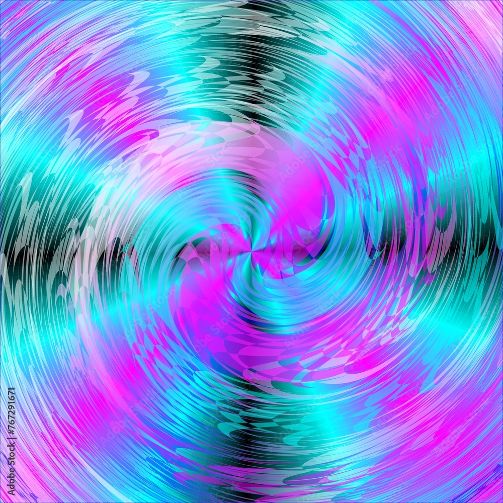 Poster abstract background with neon pink and turquoise colors, vortex and rays - computer graphic with eff