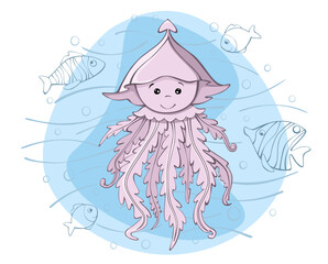 Cute jellyfish fish of the sea. vector illustration in hand-drawn, on an isolated background.
