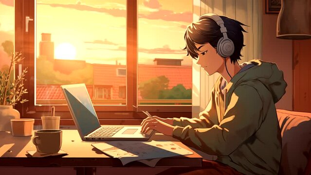 Lofi anime boy playing laptop while wearing headphones. seamless looping 4k time-lapse animation video background