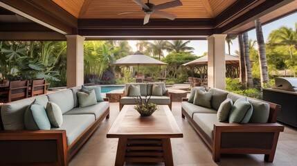 Open-air tropical lanai living room with vaulted tongue-and-groove ceilings overhead fans seamless indoor/outdoor transitions and soothing water feature.