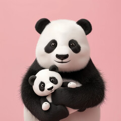 cute realistic panda holding a panda toy in the pink background